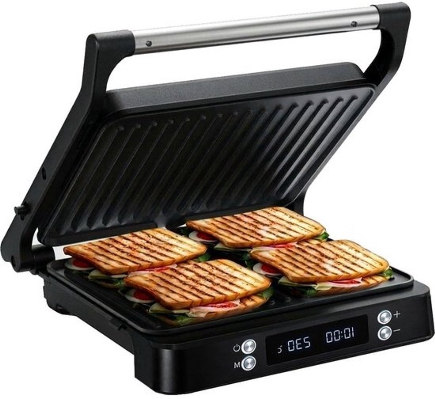 Tosti Apparaat XL - Panini Grill - Maaltijden snel bereiden - Temperatuurregeling - Voor 4 Tosti's - Zwart