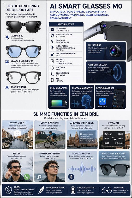 AI Smart Glasses met 8MP Camera – Slimme Bril met AI Assistent, Vertaling, Beeldherkenning, Foto & Video, Bluetooth Bellen, Muziek & Microfoon – IP65 – Zwart — afbeelding 3