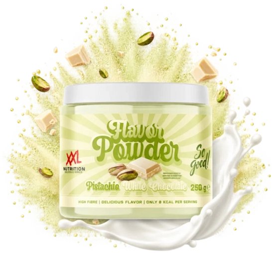 Pot de poudre XXL Nutrition Pistachio White Chocolate entouré de pistaches, de morceaux de chocolat blanc et de lait.