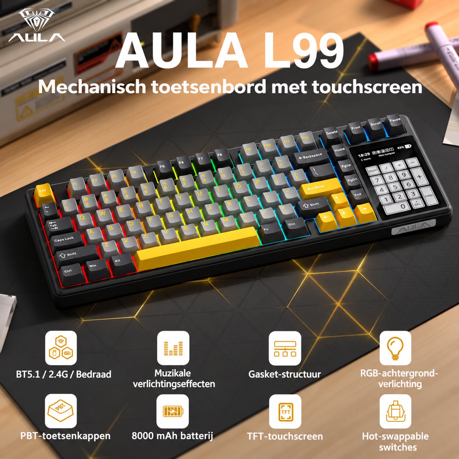 EPOMAKER x AULA L99 - Grijs / Geel - Mechanisch Gaming Toetsenbord – 96% Layout – Groot LCD Display – RGB – Tri-Mode – Hot-Swappable – Draadloos & Bedraad thumbnail 6