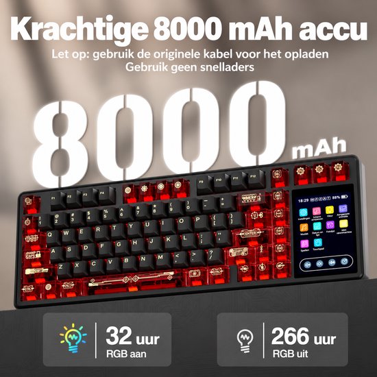 AULA L99 toetsenbord met 8000 mAh accu, rode transparante toetsen en TFT-touchscreenmenu.