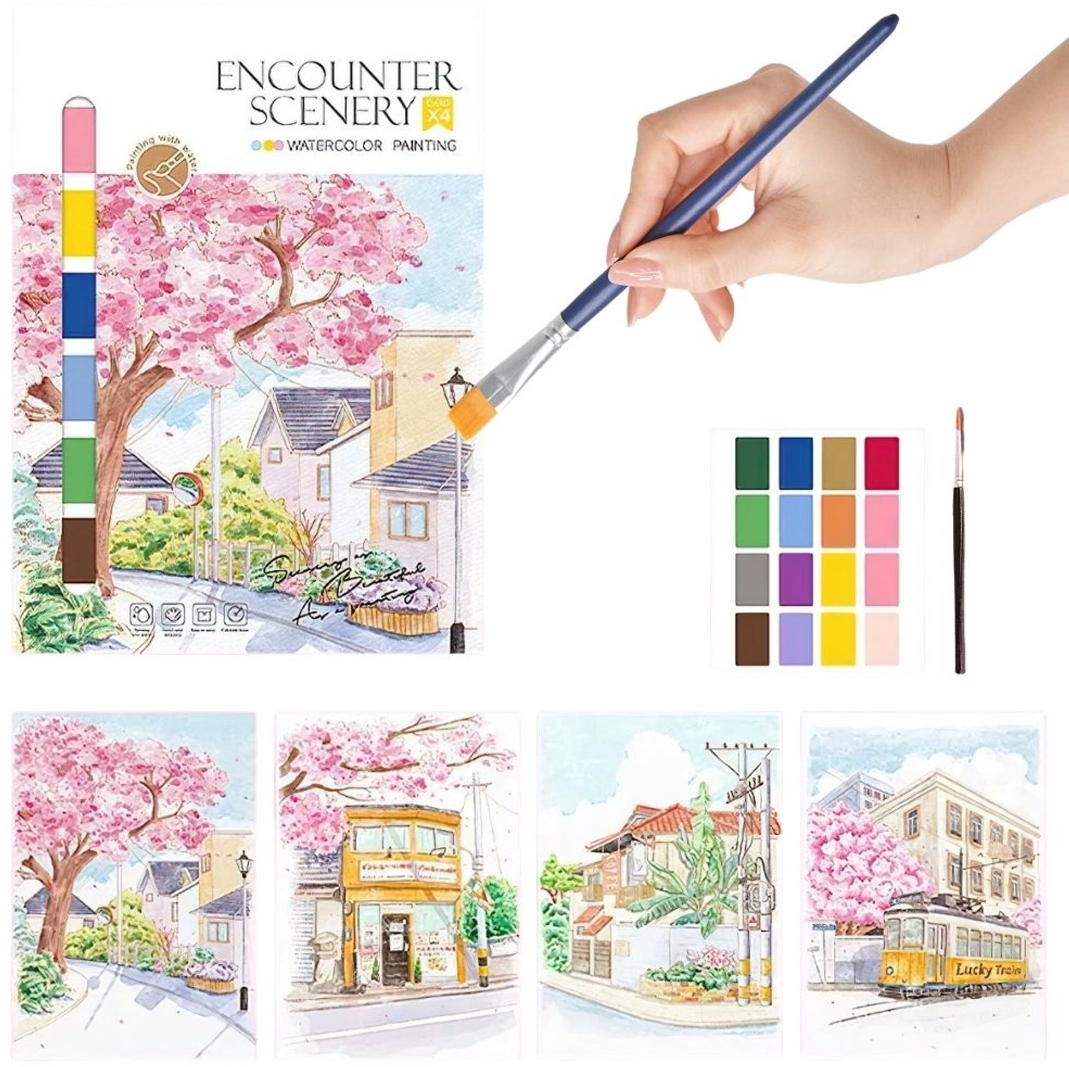 Ainy Aquarel verf set nummer 16 sakura A4 voor kinderen en volwassenen | Waterverf pakket met aquarelpapier & penseel | Knutselen | Schilderen op kleurboek | Creatief DIY hobby | Tekenen & kunst schetsboek | Schilderset werkboek