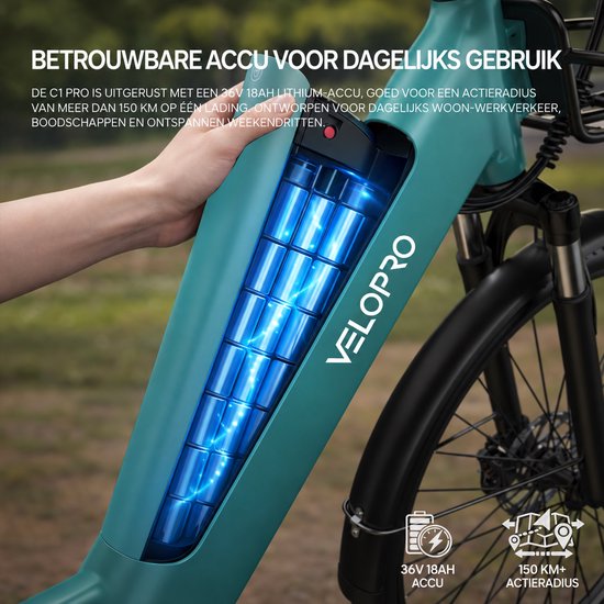 VELOPRO C1 Pro Elektrische Fiets - 250W Motor - 36V18Ah Accu - 28x1.95" Banden - Max Snelheid 25km/u - Max Bereik 80-100km - Shimano 7-Snelheden - groen — afbeelding 3