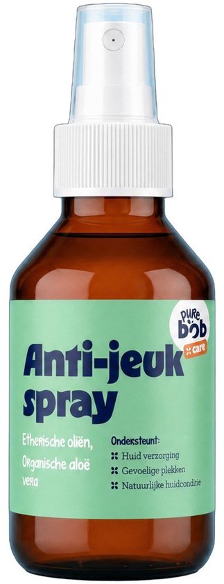 Pure Bob Anti-jeuk spray in een bruine fles met groene etiket.