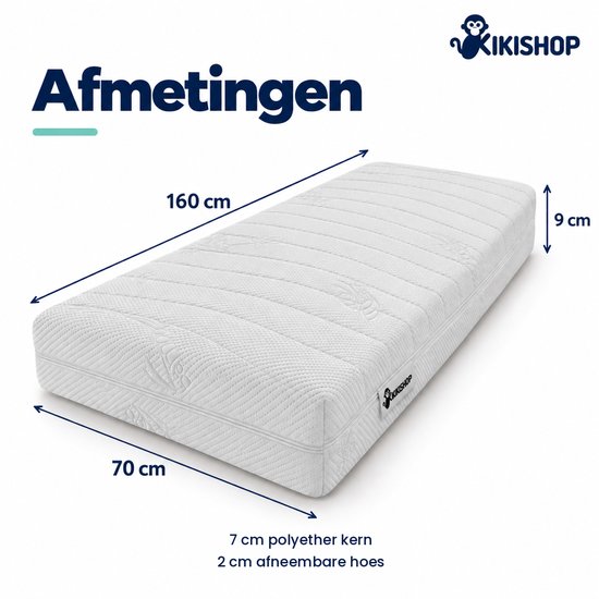 Wit matras met afmetingen 160x70x9 cm, 7 cm polyether kern en 2 cm afneembare hoes.