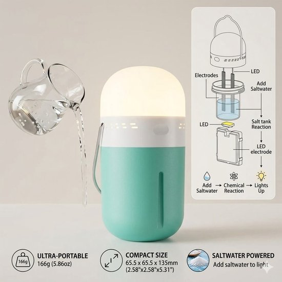 Campinglamp / Tentlamp Draagbare capsulelamp werkt op zout en water – geen batterijen nodig – voor verlichting bij stroomuitval — afbeelding 2
