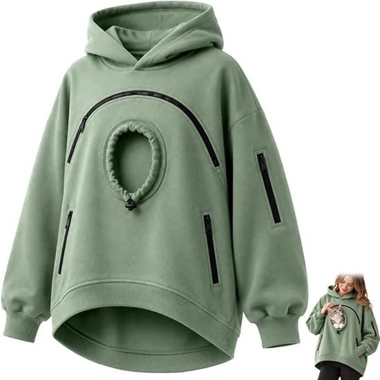 Lichtgroene hoodie met een verstelbaar venster op de borst voor huisdieren, zwarte ritsen en een opgestikte zak.