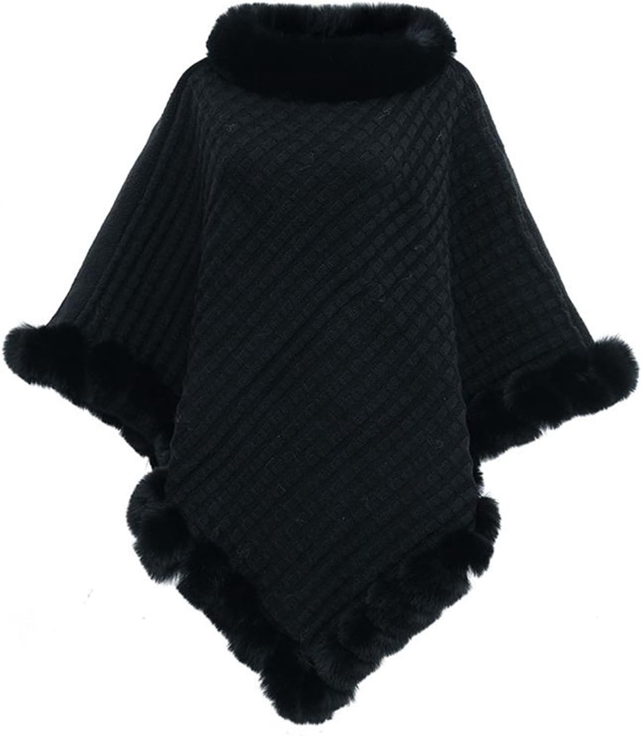 Gebreide Poncho - Zwart - 100 x 91 cm - Thermojas met Imitatiebont - Voor Dames