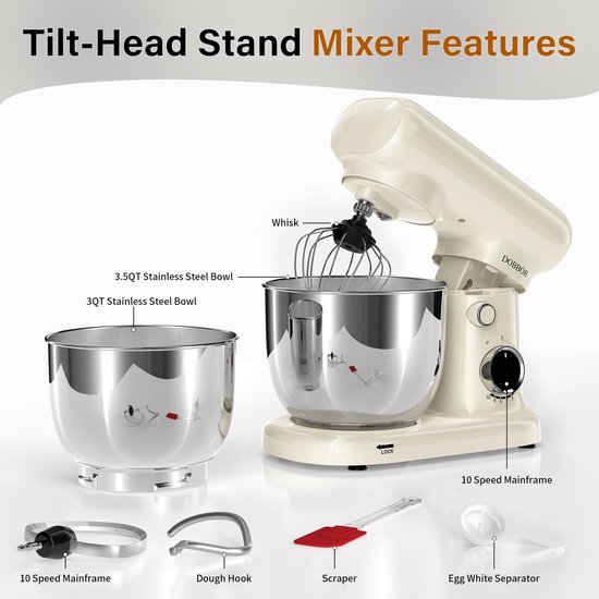 Staande mixer met 2,5 l + 3 l dubbele schalen, 10 versnellingen elektrische bosmaaier, 1500 W, inclusief ei-slag, deegslak en platte schraper voor thuis en dagelijks koken (wit) — afbeelding 2