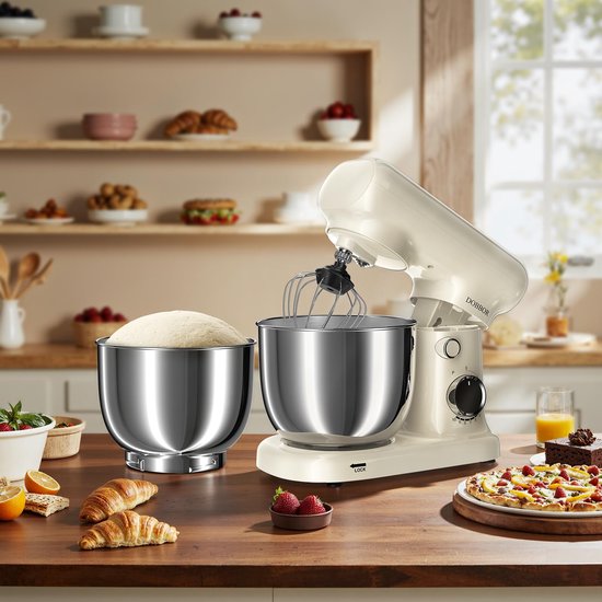 Staande mixer met 2,5 l + 3 l dubbele schalen, 10 versnellingen elektrische bosmaaier, 1500 W, inclusief ei-slag, deegslak en platte schraper voor thuis en dagelijks koken (wit) — afbeelding 4