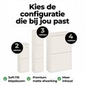 Drie witte Veehaus prullenbakken met 2, 3 en 4 vakken met matte afwerking en soft-tilt klepdeuren.