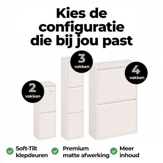 Drie witte Veehaus prullenbakken met 2, 3 en 4 vakken met matte afwerking en soft-tilt klepdeuren.