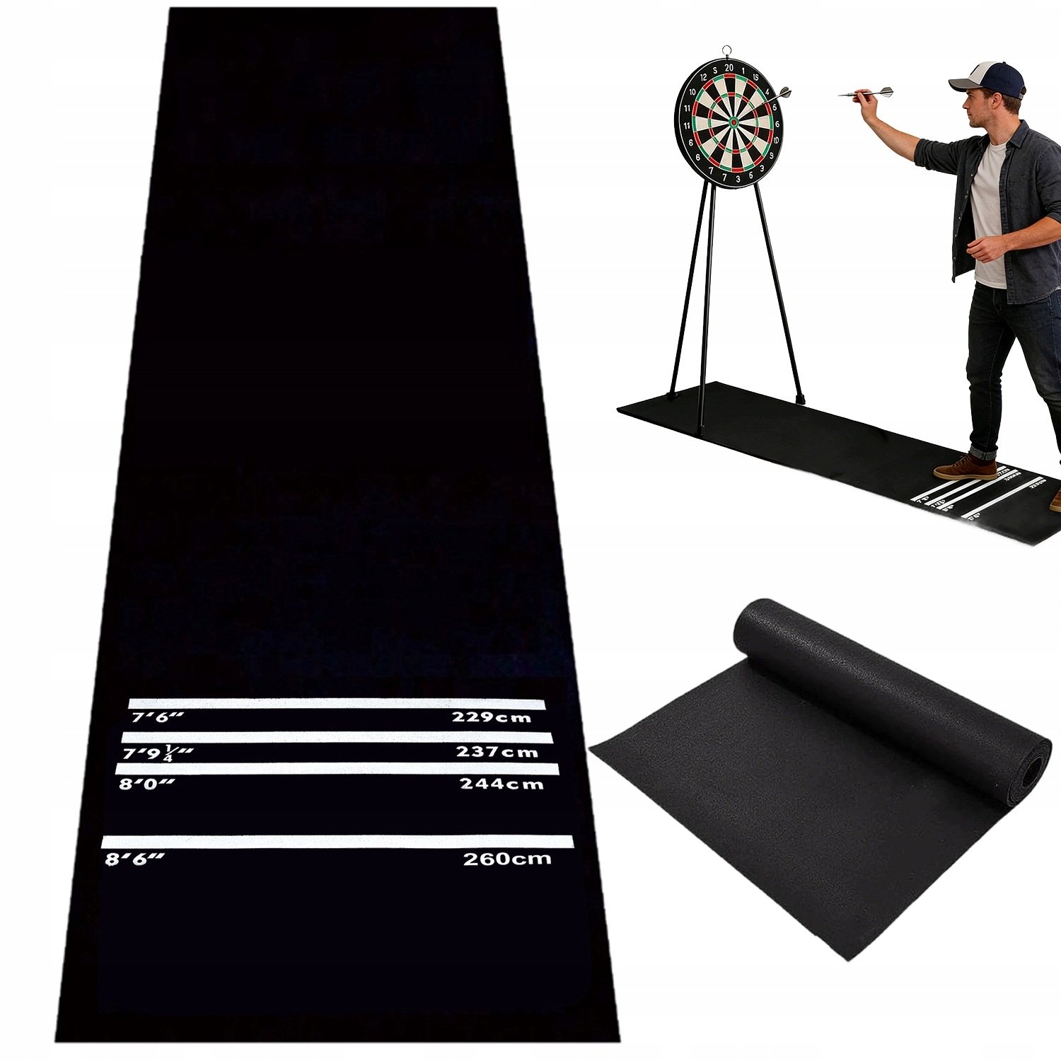 Dartsmat - Dartmatten - Dartvloermat - Antislip & Slijtvast & Vloerbescherming - 4 Standaard Werpafstanden - Voor Stalen & Softtip Darts - Oprolbaar - 300x34cm - Dartmat Voor Onder Dartbord - Voor Thuis & Club