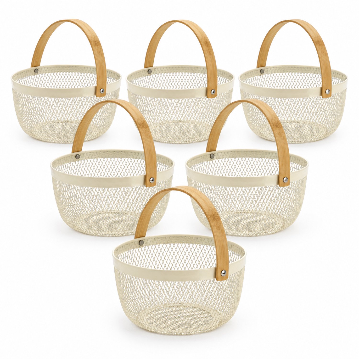 Opbergmand Rond Set van 6 – Ca. 3 Liter per Mand – Fruitmand en Organizer – Metaal Cadeaumand met Bamboe Handvat – Draadmanden Voor Keuken, Badkamer, Woonkamer en Kantoor – Crème