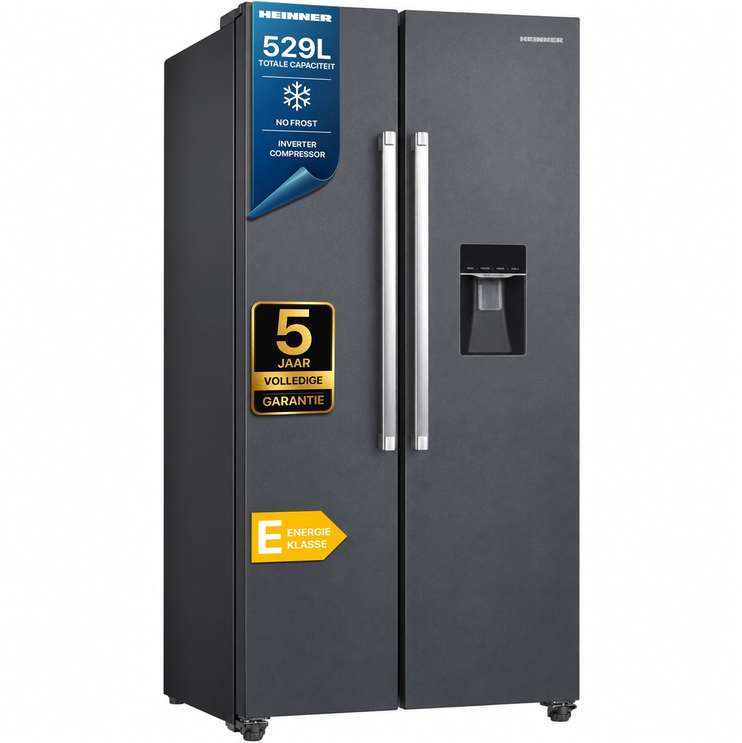 Heinner HSBS-HM529NFINVDGWDE++ American Side-by-Side Koelkast met Waterdispenser 529 L – Total No Frost – Inverter Compressor – Super Freeze – Open-deur Alarm – Vingerafdrukbestendige Afwerking – Antracietgrijs – 5 Jaar Garantie