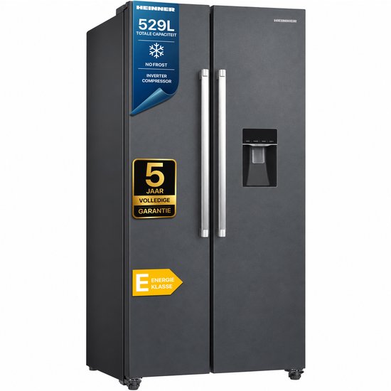 Heinner HSBS-HM529NFINVDGWDE++ American Side-by-Side Koelkast met Waterdispenser 529 L – Total No Frost – Inverter Compressor – Super Freeze – Open-deur Alarm – Vingerafdrukbestend…