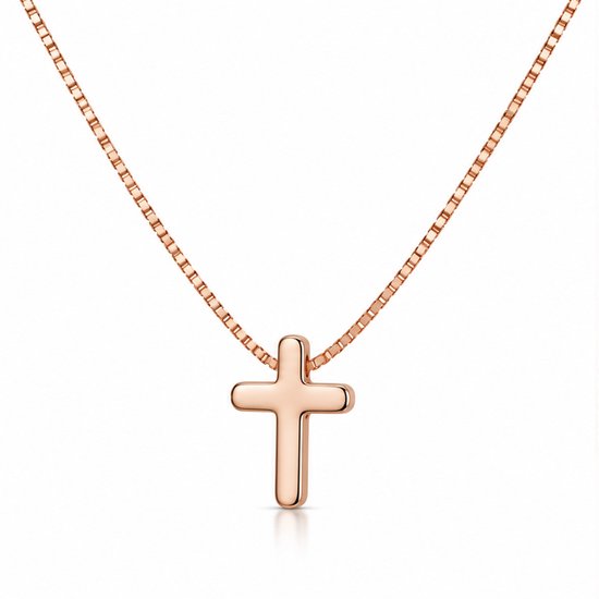 Roségouden ketting met een fijn schakelontwerp en een minimalistische kruishanger op witte achtergrond.