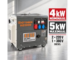 Hüttenberg DIESEL-generator – Model H8500D– Continu vermogen van 4.000 W / Maximaal vermogen van 5.000 W – Noodstroomaggregaat – Start met sleutel – 16 L