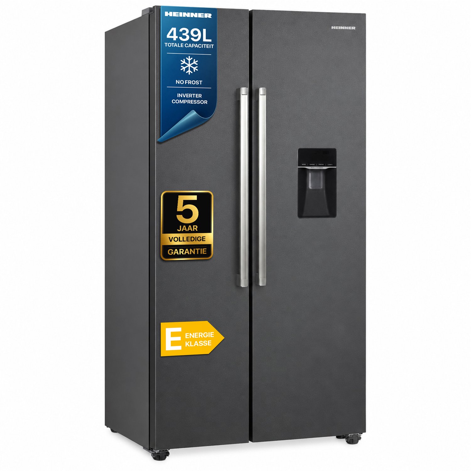 Heinner HSBS-HM439NFINVDGWDE++ American Side-by-Side Koelkast met Waterdispenser 439 L – Total No Frost – Super Freezing – Open-deur Alarm – Vingerafdrukbestendige Afwerking – Antracietgrijs – 5 Jaar Garantie