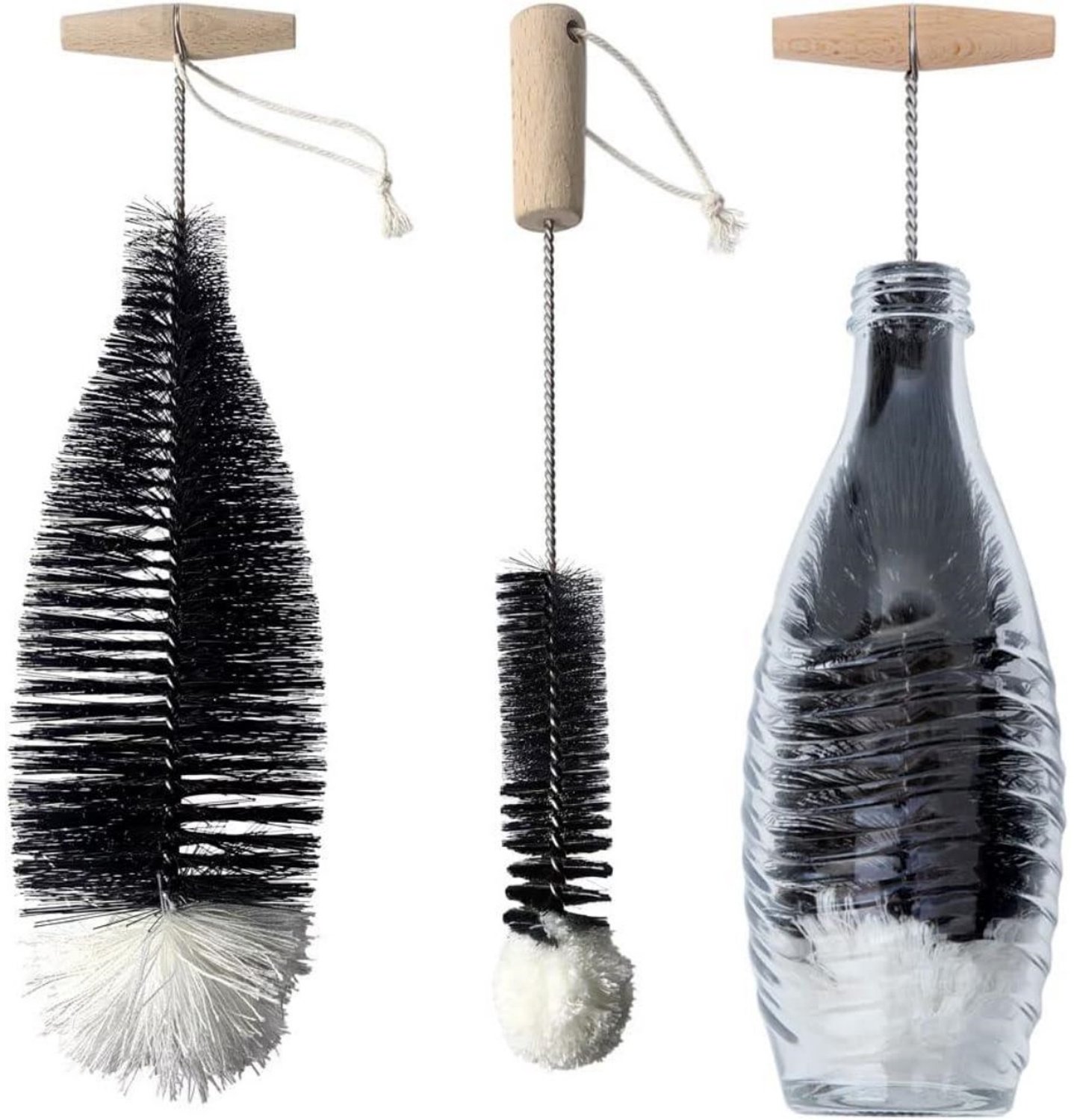 SSTRWGOOD Flessenborstel – 2-delige set – 35 cm – Geschikt voor SodaStream-glazen flessen – Borstelkop van wol – Ook geschikt voor PET-flessen en flessen voor bruiswatermakers – Reinigt zonder de fles te beschadigen
