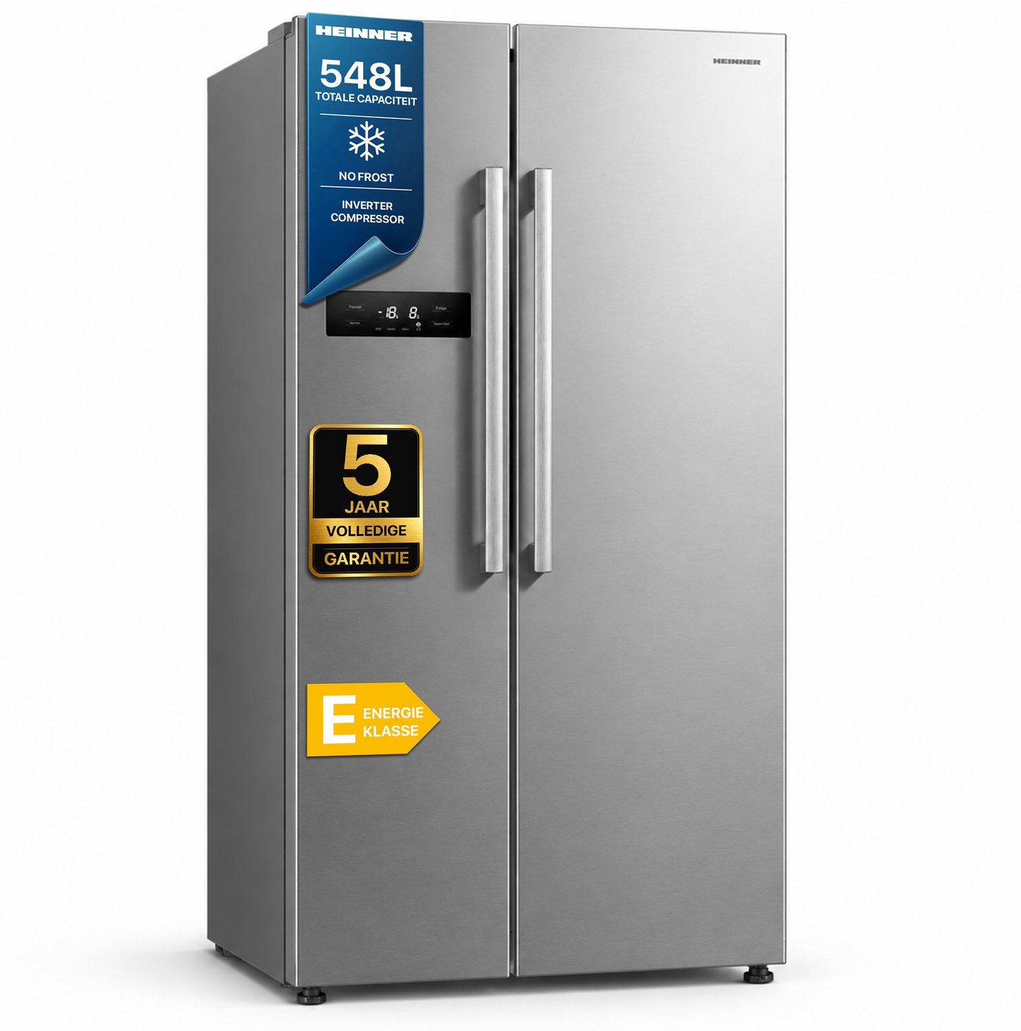 Heinner HSBS-M548NFINVXE++ American Side-by-Side Koelkast – 548 L – Total No Frost – Inverter Compressor – Energieklasse E – Touchbediening – Super Cooling – Super Freeze – Holiday-functie – Open-deur Alarm – RVS – 5 Jaar Garantie