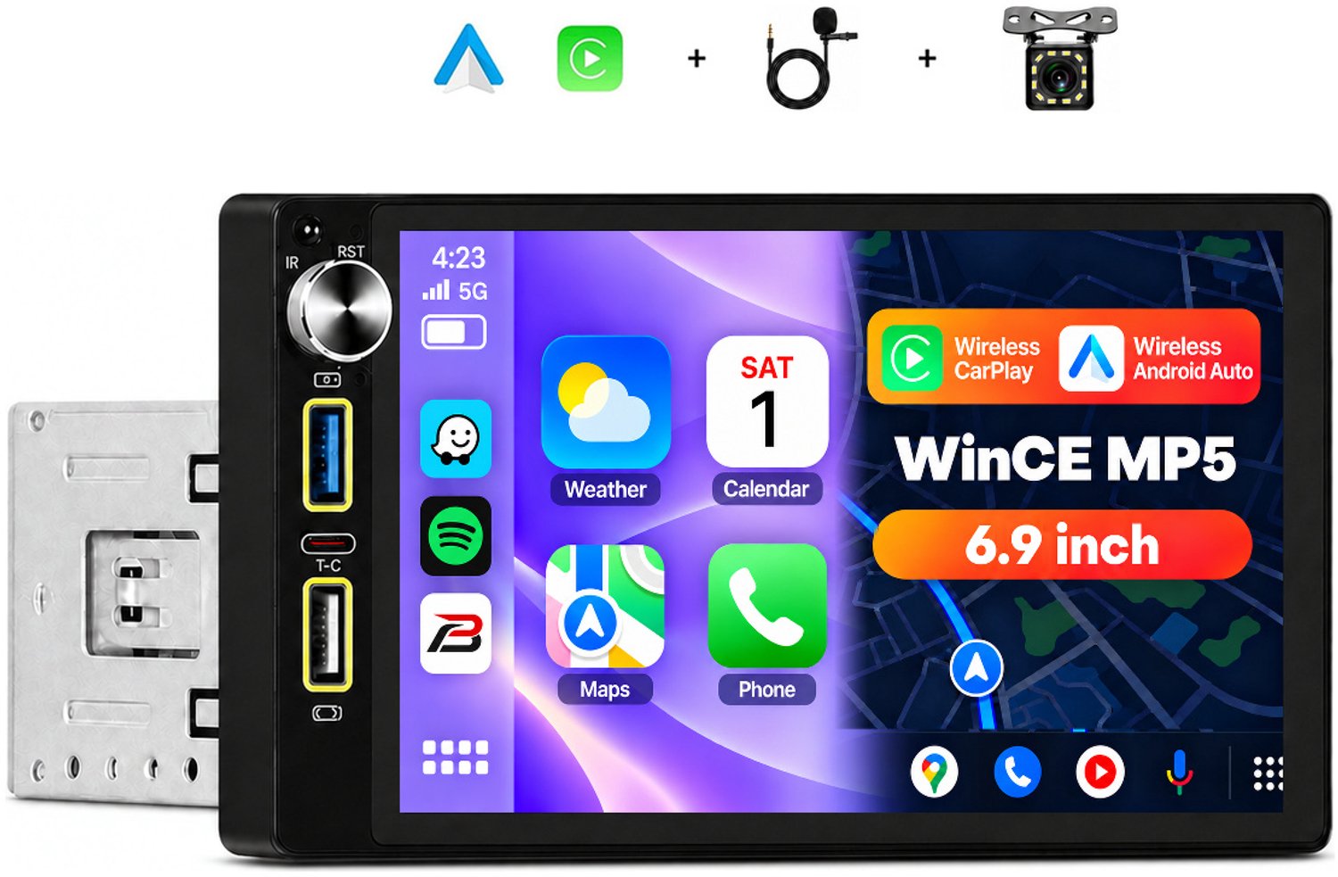 Boscer 1Din Autoradio Universeel - 6,9 Inch HD Touchscreen - Apple Carplay & Android Auto (Draadloos) - Bluetooth, USB, USB-C & MP5 - AHD Achteruitrijcamera, Stuurwieladapter & Externe Microfoon