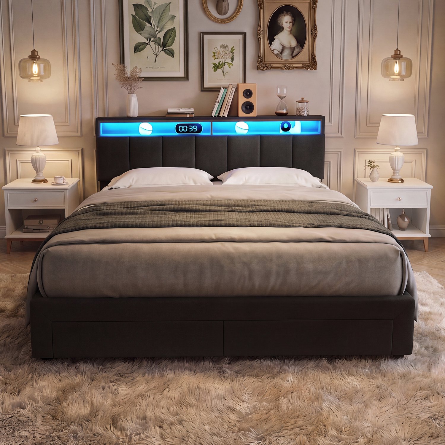 ROSAHQNDA Gestoffeerd bed 180x200 cm met ledverlichting, kingsize bed, hydraulisch opbergbed met opbergruimte, voorzien van lades en opbergvakken, grijs linnen, zonder matras