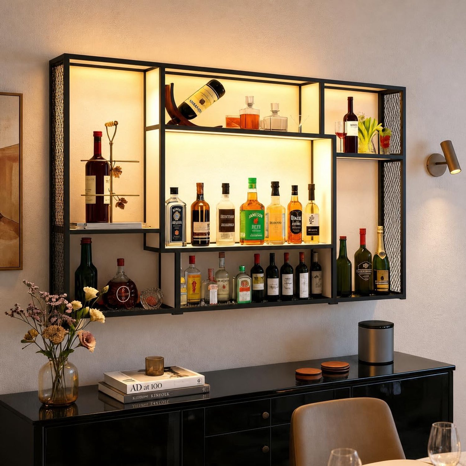 Puluomis Wijnrek - Wandschap - RGB-verlichting - Metalen frame - 120x80x15cm - Wit