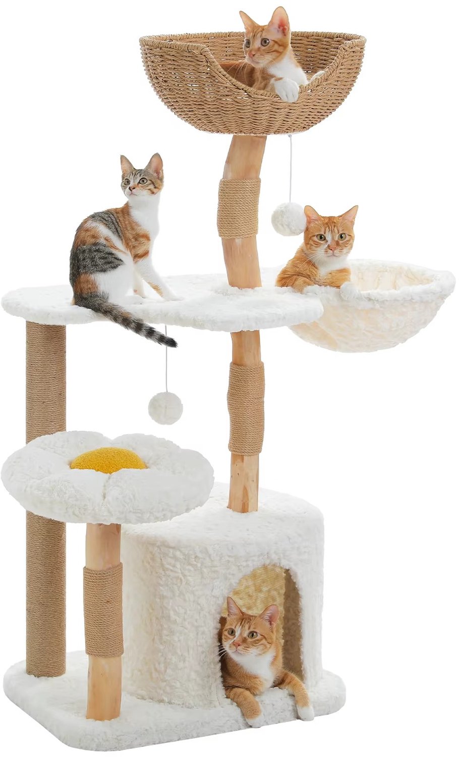 CreateEcom Krabpaal - kattenboom - krabmeubel - Moderne Krabpaal - voor Binnenkatten - Massief Houten Kattentoren met Luxe Kat Condo - Gezellige Hangmat - Bloem Kat Bed - Kattenspeelgoed - wit