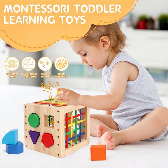 Montessori Speelgoed – Houten Activiteiten Kubus – Houten Speelgoed – Blokkendoos – Speelkubus – Sensorisch Speelgoed – Educatief Speelgoed – Vormenstoof – Peuter Speelgoed — afbeelding 3