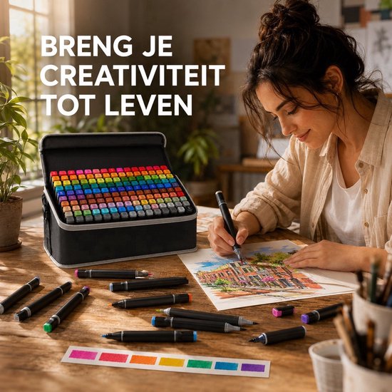 Vrouw tekent aan houten tafel met een set van 168 alcoholmarkers in een zwarte tas. Tekst: Breng je creativiteit tot leven.
