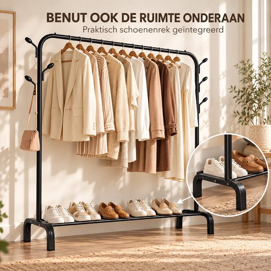 Zwart metalen kledingrek met schoenenrek onderaan. Inclusief kleding en schoenen in een stijlvol interieur.