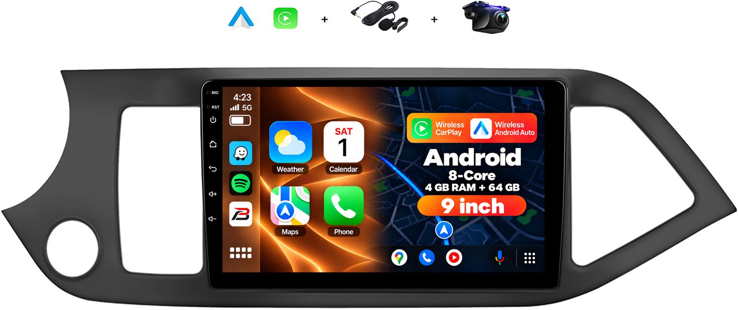 Boscer 2 Din Android 15 Autoradio - Geschikt voor Kia Picanto (2011-2017) - Draadloos Apple Carplay & Android Auto - 8-Core 4+64GB - Interne Koeling - 9 Inch HD IPS Touchscreen - GPS Navigatie - WIFI, Bluetooth & USB - Achteruitrijcamera & Microfoon