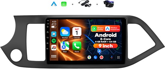 9-inch Android 15 autoradio voor Kia Picanto met touchscreen, draadloze Apple CarPlay, Android Auto en achteruitrijcamera.