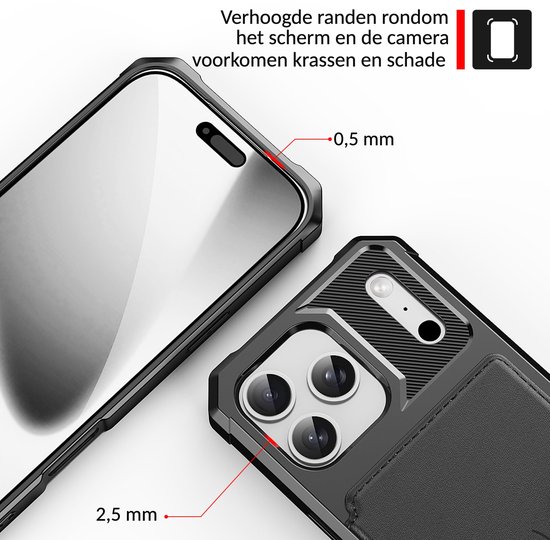 Zwart telefoonhoesje met verhoogde randen van 0,5 mm voor scherm en 2,5 mm voor camera.