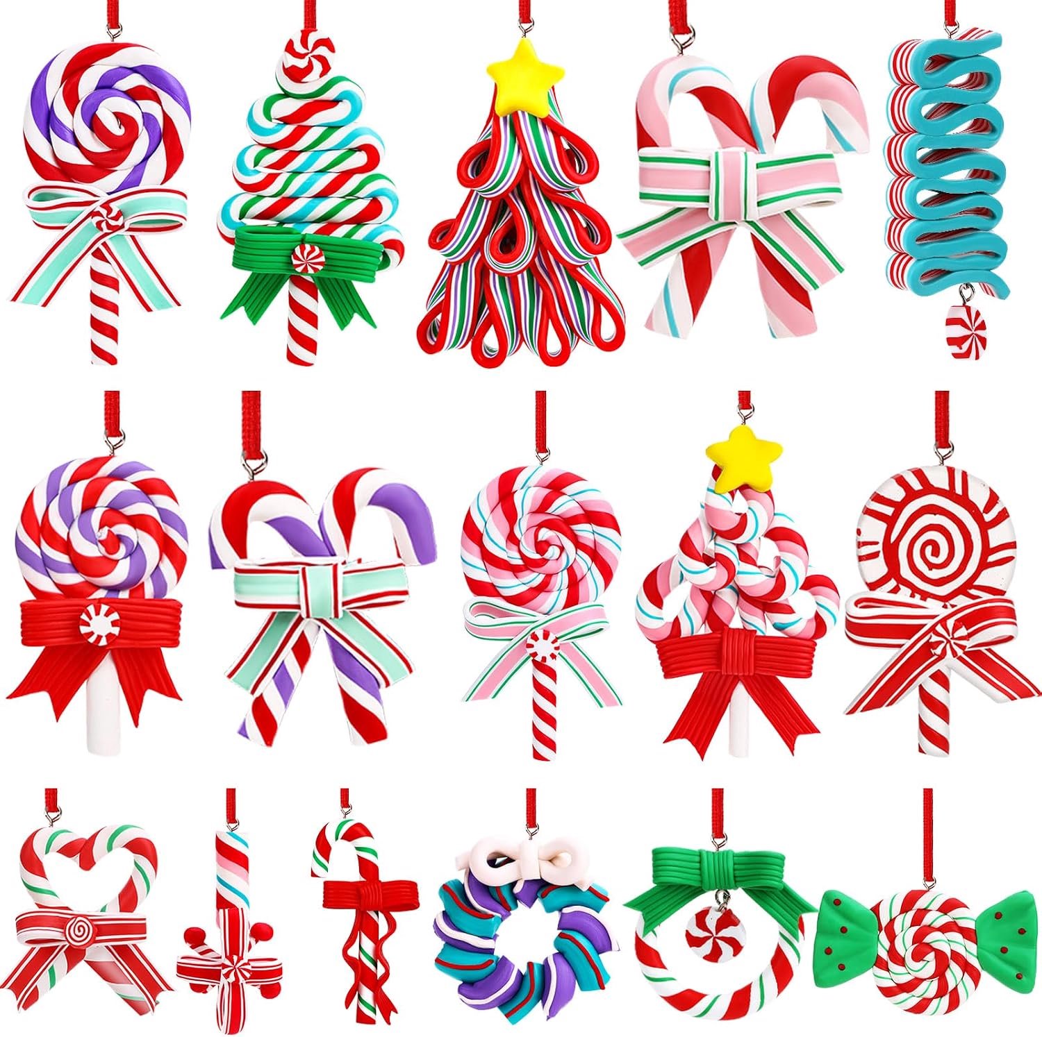 KZQ 16 stuks kerstornamenten in de vorm van lolly's: kleine hangende hangers van polymeerklei (pepermunt- en zuurstokmotief) voor kerstboom, feest en huisdecoratie – rood, blauw, paars, groen.