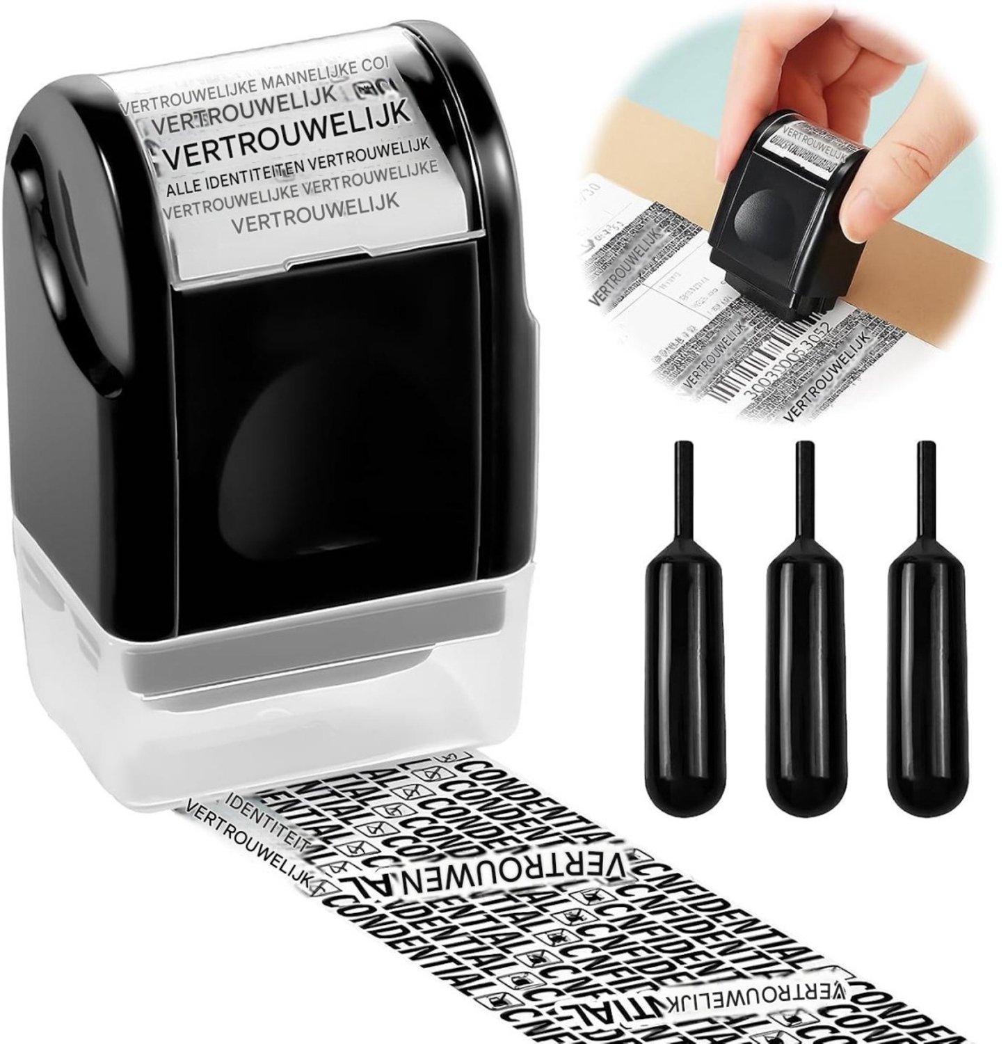 SSTRWGOOD Rollstempel - Privacy Stempel voor Documentbescherming - 3,7x3x6cm - Met 3 Navullingen - Breed Patroon tegen Identiteitsdiefstal - Geschikt voor Langdurig Gebruik - Kunststof - Zwart