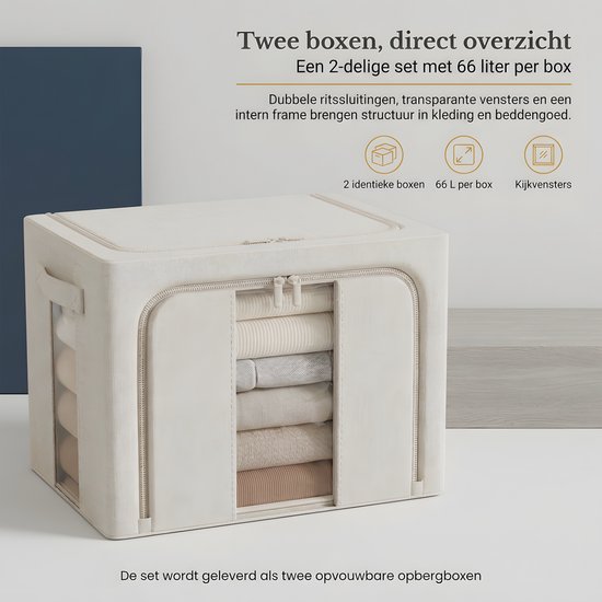 Beige 66L opbergbox met kijkvenster, dubbele ritssluiting en intern frame voor structuur in kleding en beddengoed.
