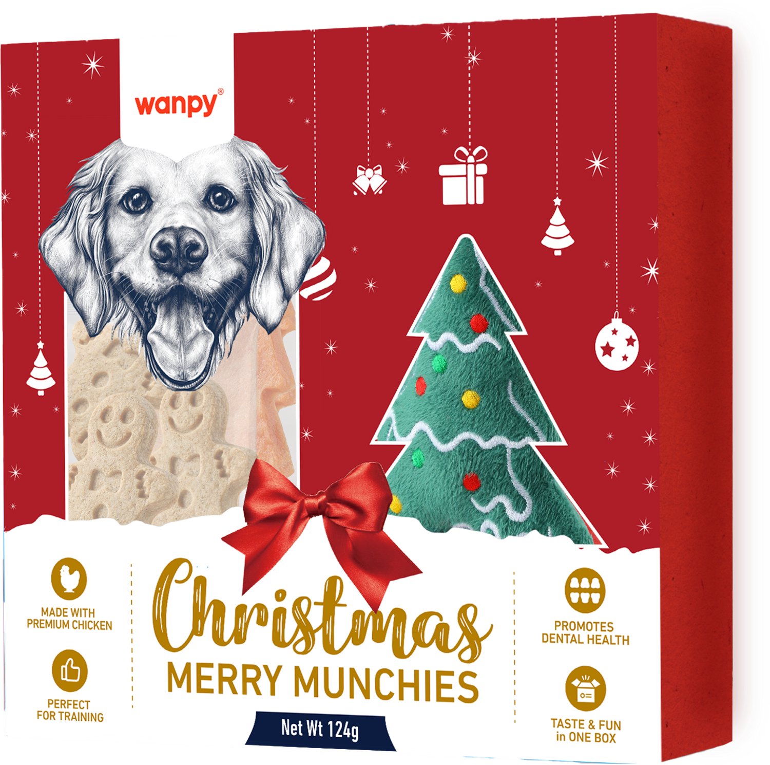 Wanpy - Christmas Merry Munchies - Kerstpakket voor Honden – Kipsnacks & Kerstboom Speeltje - Christmas Gift Box