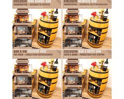 Vintage Wijnvat Minibar met Flessenrek – Ronde Houten Bartafel van Eikenhout – Decoratieve Wijnkast voor Woonkamer, Thuisbar en Horeca – Opbergruimte voor circa 40 Flessen – Zwart metalen sierringen – 43 × 50 × 80 cm