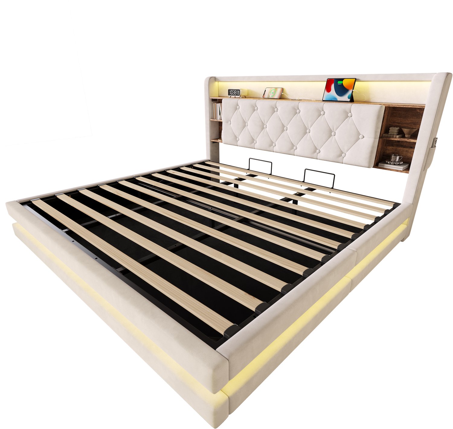 MUVANO Gestoffeerd bed met opbergruimte - Bed 180 x 200 cm met multifunctioneel hoofdbord - Fluwelen bed met ledverlichting - hydraulische bedbodem - Beige
