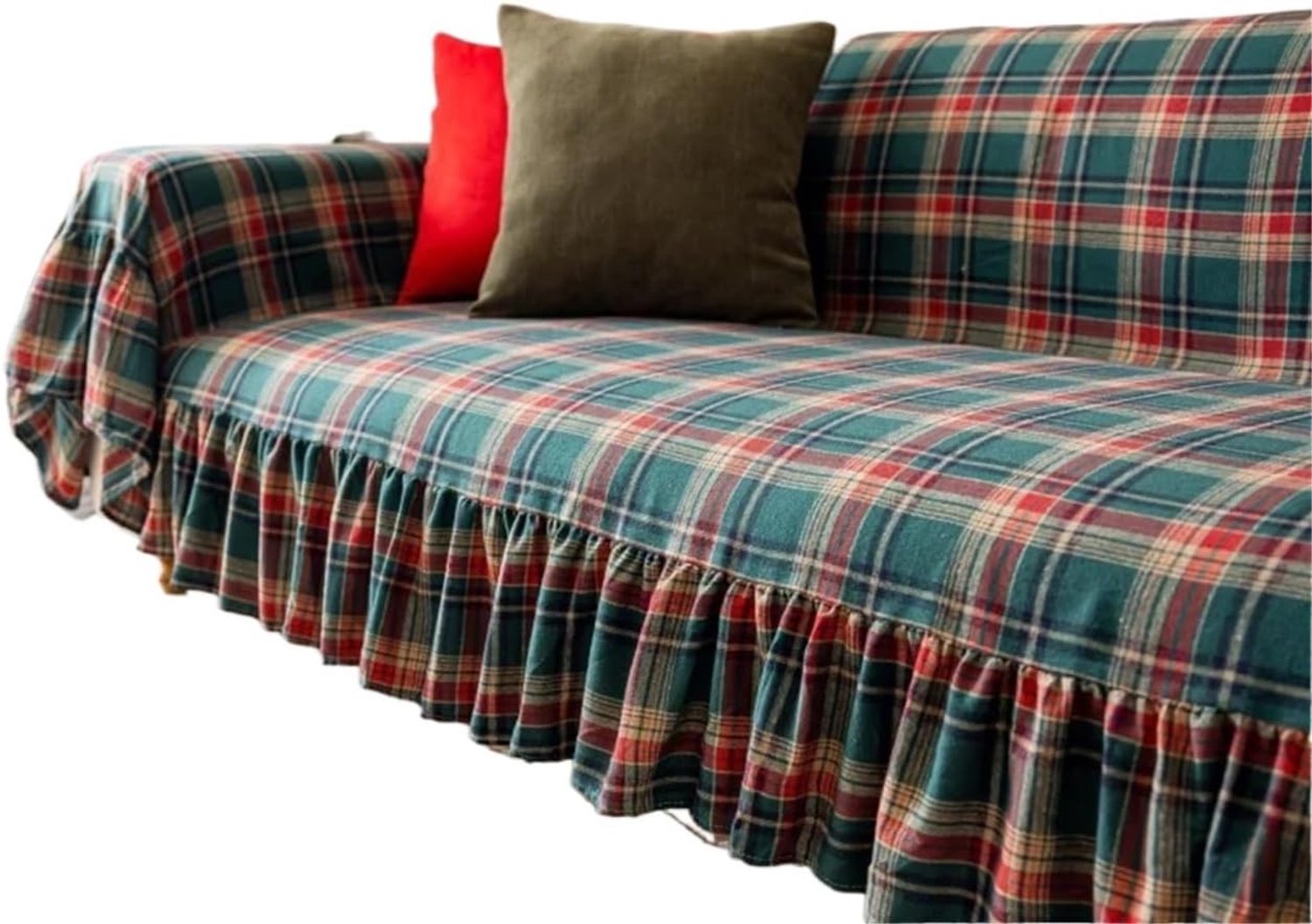 Bankhoes dekbed - 1-delig ruitjes bankbeschermer met ruches - kerstdecoratie groen geblokt 180x260cm