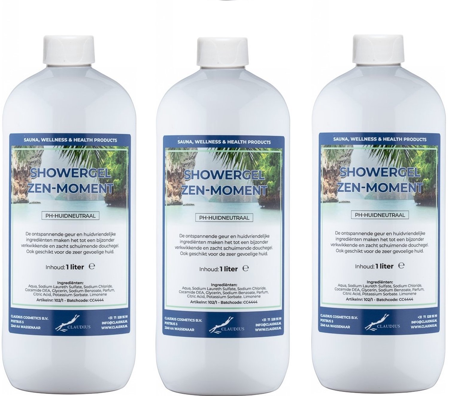 Claudius Douchegel Zen Moment 1 liter - set van 3 stuks - showergel - navulling - voordeelverpakking