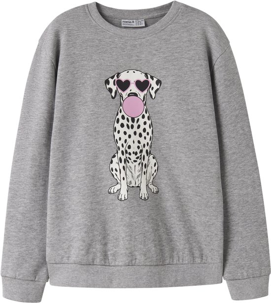 Grijze NAME IT sweater voor meisjes met een dalmatiër die een roze zonnebril en kauwgom draagt.