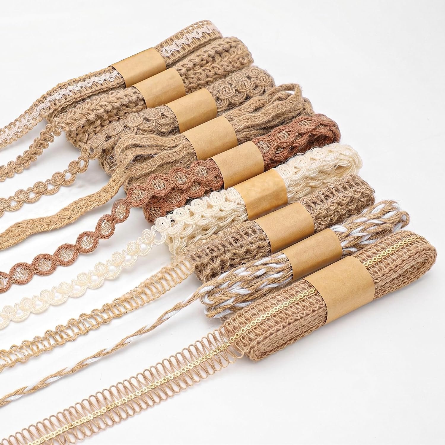9 rollen juteband, natuur, Spitzenband, cadeau lint