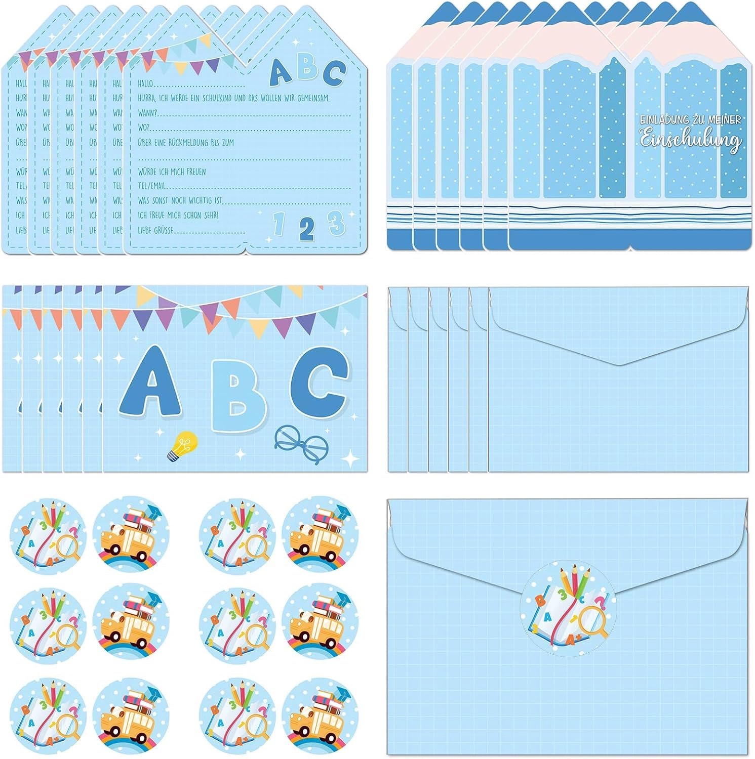 12 vouwbare uitnodigingskaarten schoolstart, met enveloppen en stickers