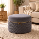 By Viento Nova Velvet Poef – Design Zitpoef – Gouden Rits – Ø42 x H31 cm – Grijs