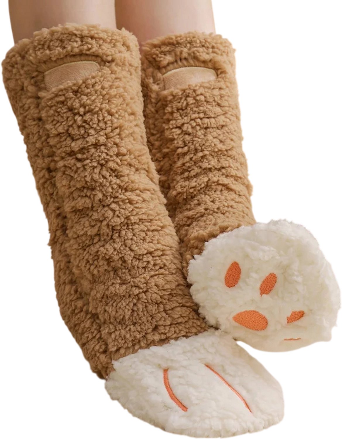 Warme Kattensokken Dames – Dikke Fleece Wintersokken met Kattenpootjes Kawaii Slaapsokken Grappige Lange Sokken en Cosplay Sokken Bruin