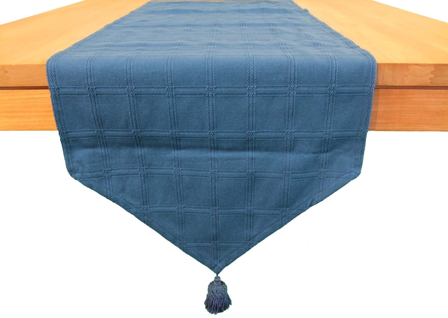 Tafelloper Marlyn - 40 x 140 cm - kleur 10 - blauw - 100% katoen - met ingeweven blokkenpatroon en kwastjes aan uiteinden - loper - lopertje