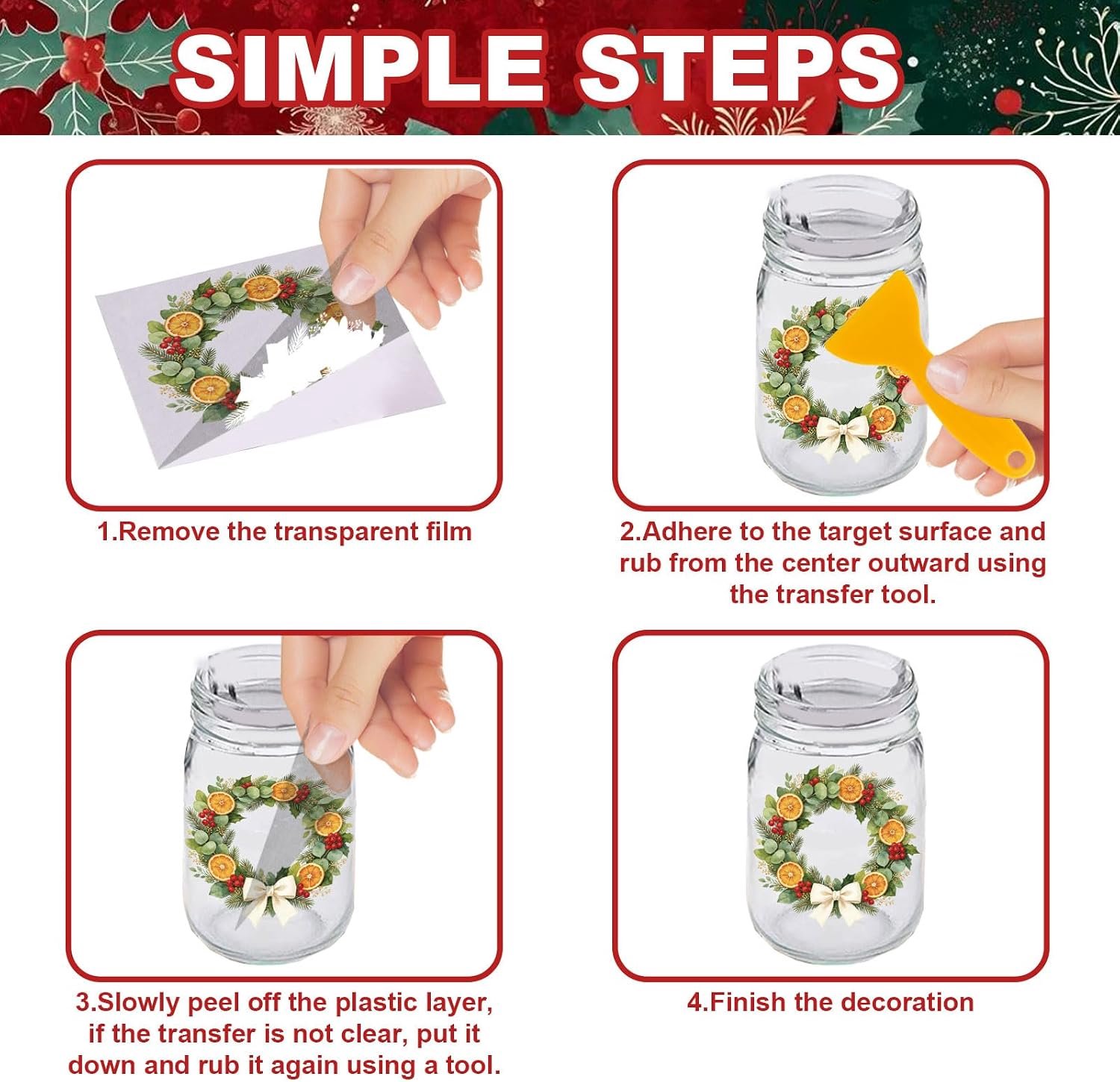 Kerstkrans stickers 9,9 x 9,4 cm - rood satijnen strik - 18 vellen wrijftransfers - decor voor fles en vaas - m-winkel – foto 2